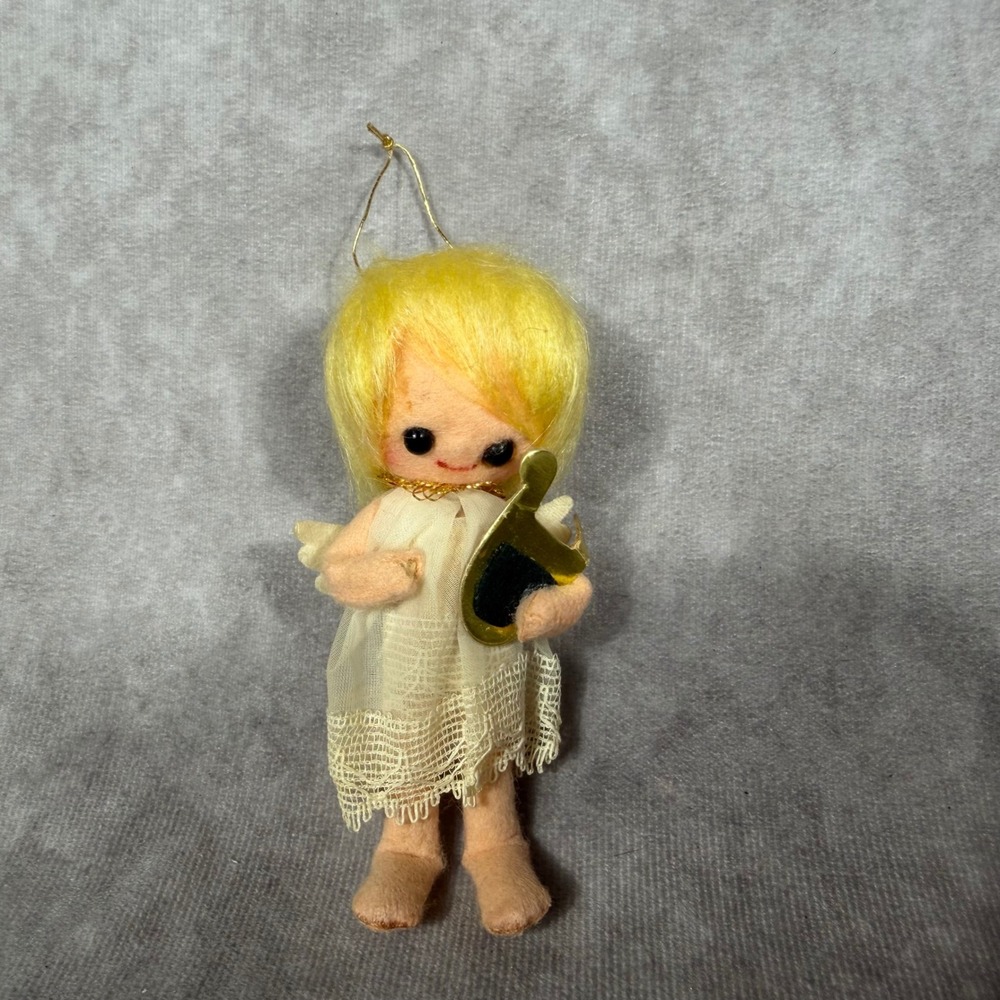 Vintage Felt Angel Christmas Ornament Yellow Hair Lace Dress Gold Harp Japan 50s